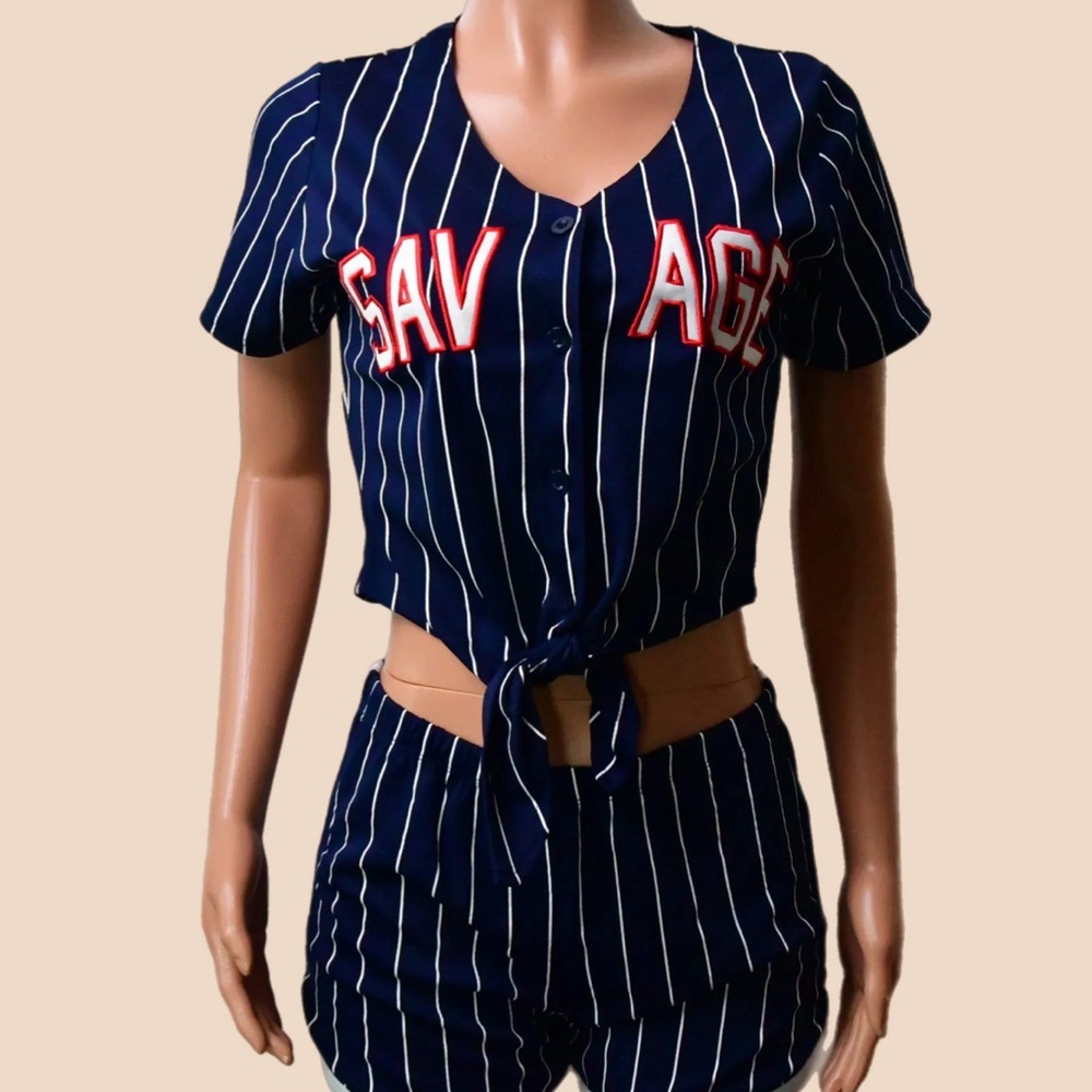 WOMEN’S SEXY BASEBALL JERSEY SHORT SET-NAVY